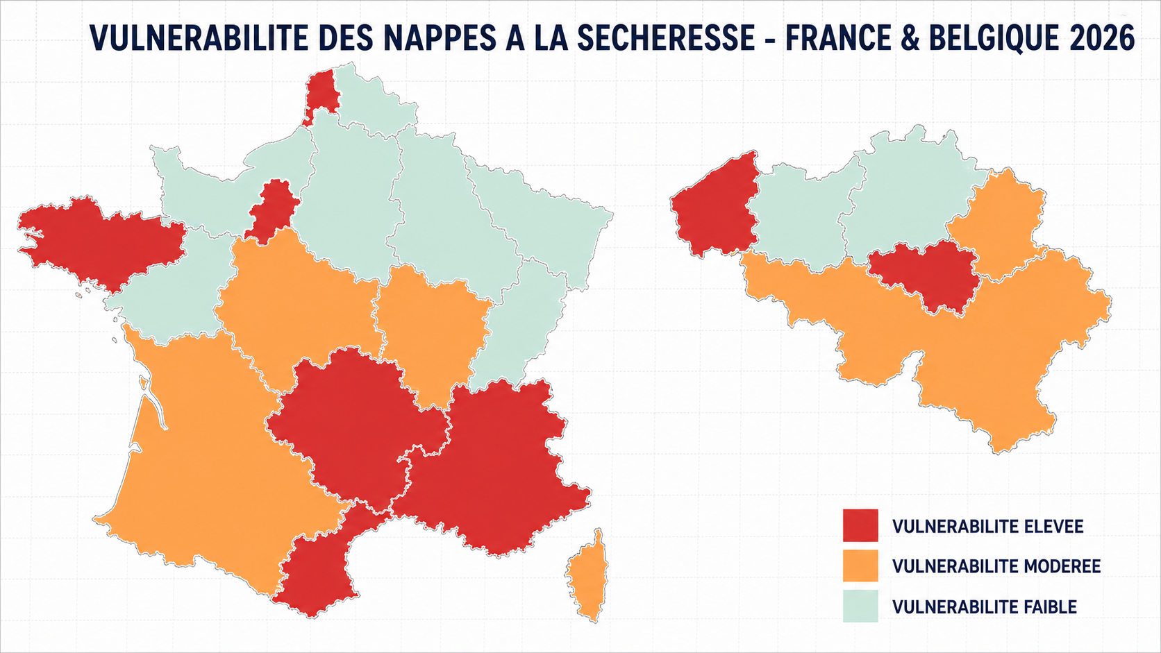 Carte de vulnérabilité des nappes à la sécheresse 2026 — France et Belgique : zones rouges (vulnérabilité élevée), orange (modérée), vert clair (faible)