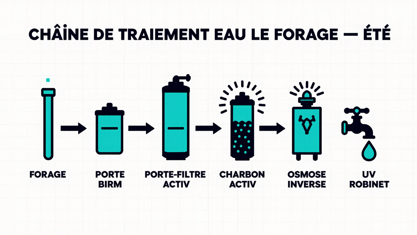 Schéma de la chaîne de traitement DIMM pour forage privé en été : forage, porte-filtre, Birm, charbon actif, UV, osmose inverse, robinet