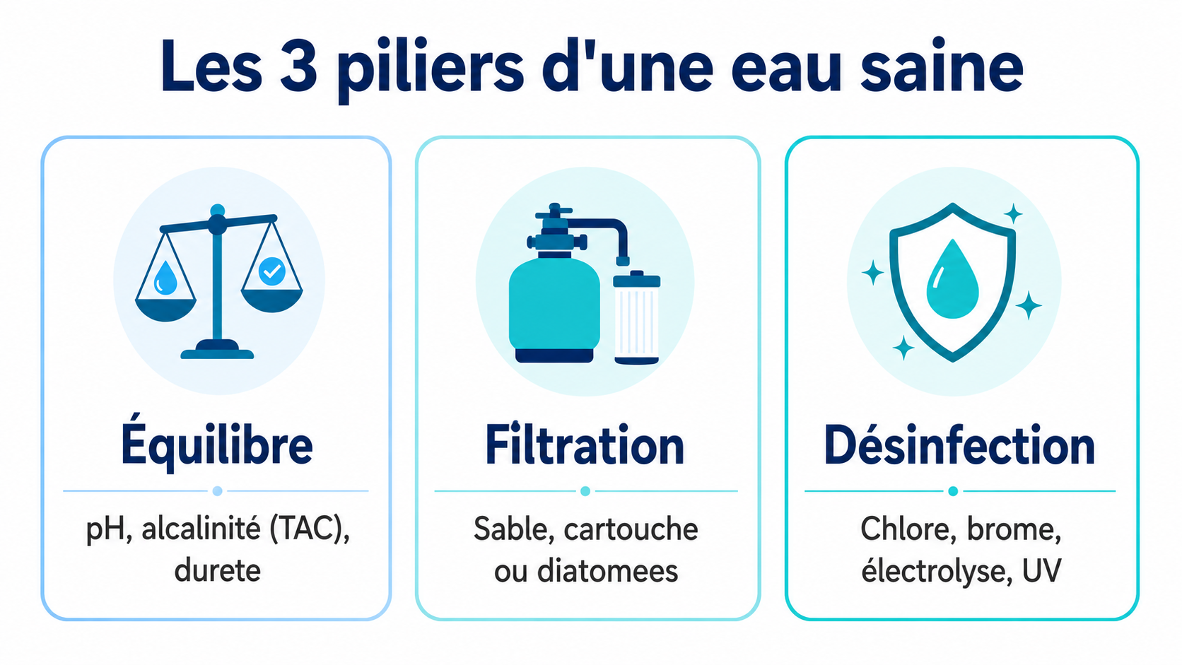 Les trois piliers d'une eau de piscine saine : équilibre de l'eau, filtration et désinfection