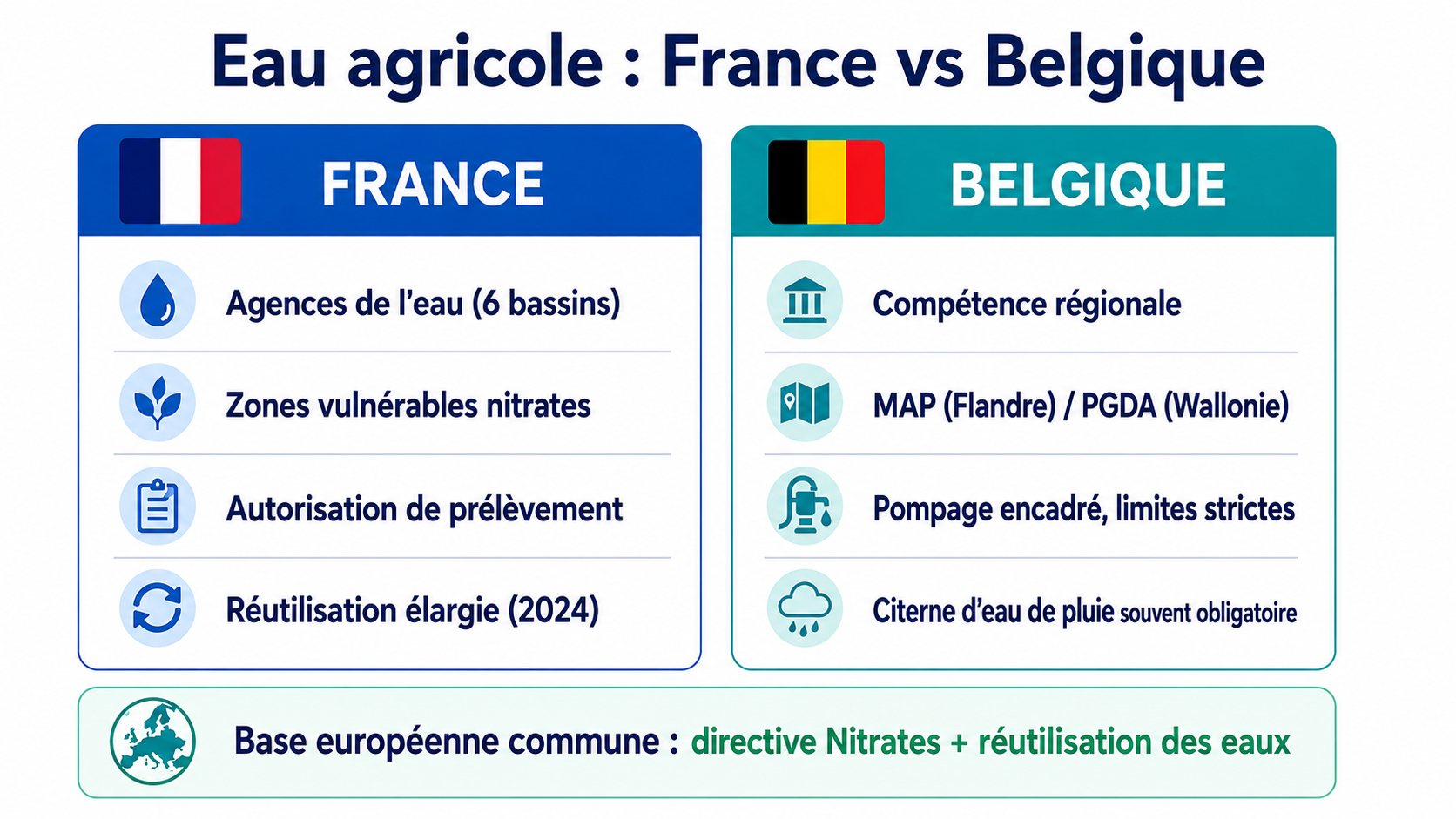 Comparatif France / Belgique de l'eau agricole : nitrates, prélèvements, aides, réutilisation