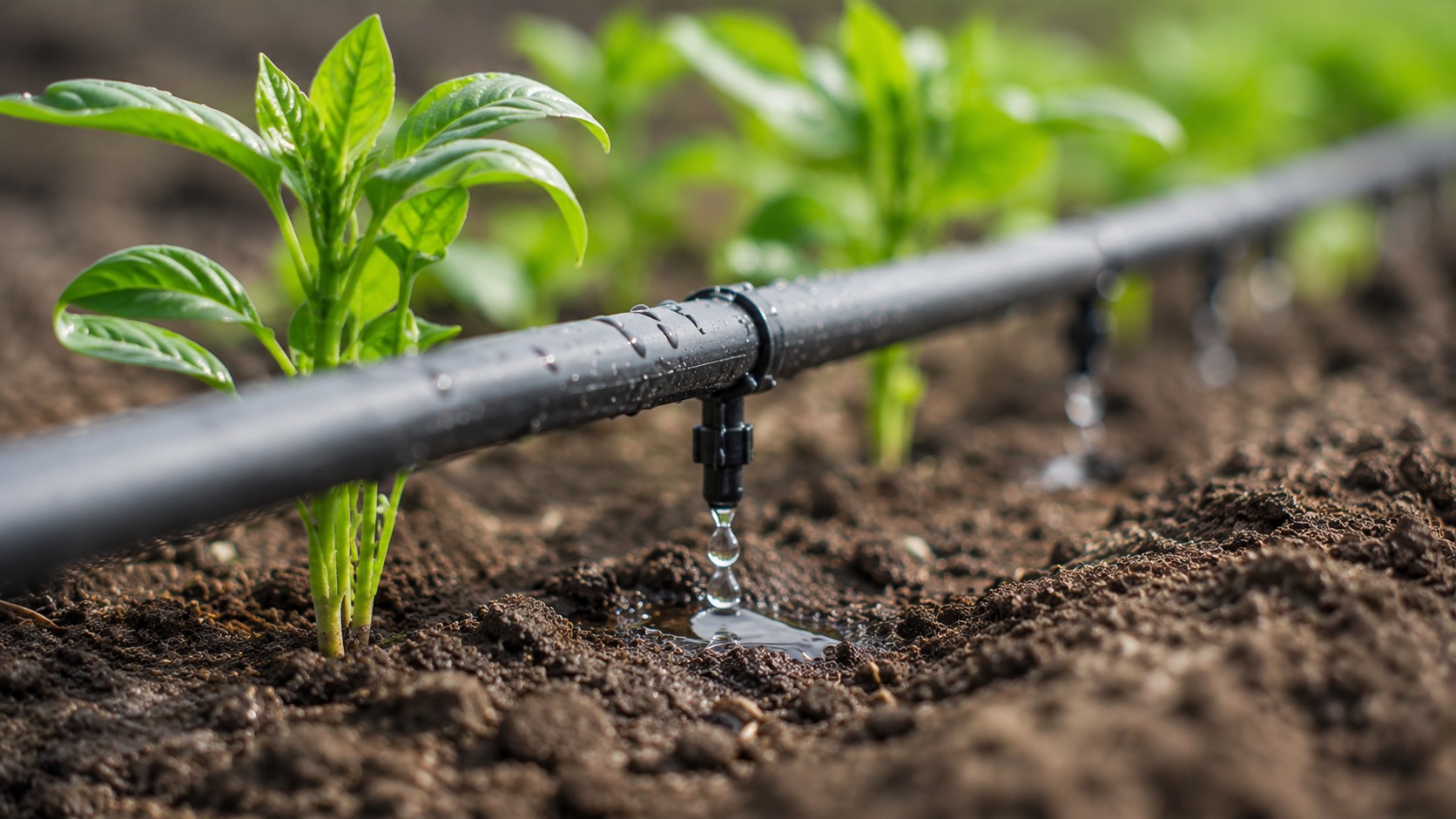 Gros plan d'un système d'irrigation goutte-à-goutte au pied de plants en serre
