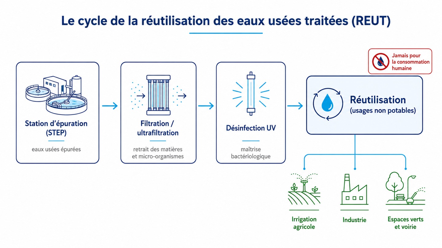 Schéma du cycle de la réutilisation des eaux usées traitées : station d'épuration, filtration/ultrafiltration, désinfection UV, puis réutilisation pour l'irrigation, l'industrie et les espaces verts · jamais pour la consommation humaine