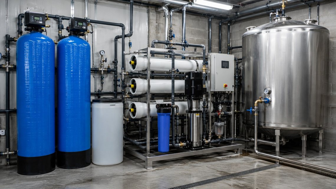 Skid de traitement de l'eau d'appoint d'une chaufferie : adoucisseur, osmose et bâche