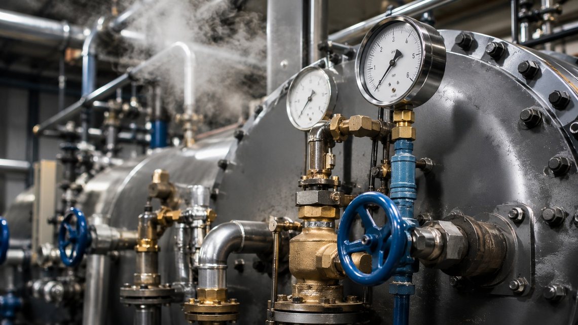 Détail d'une chaudière vapeur industrielle : tuyauteries, manomètres et vannes