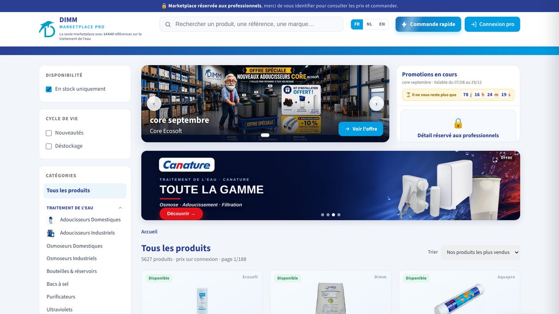 Page d'accueil du catalogue de la MarketPlace Pro DIMM avec filtres par disponibilité et catégories