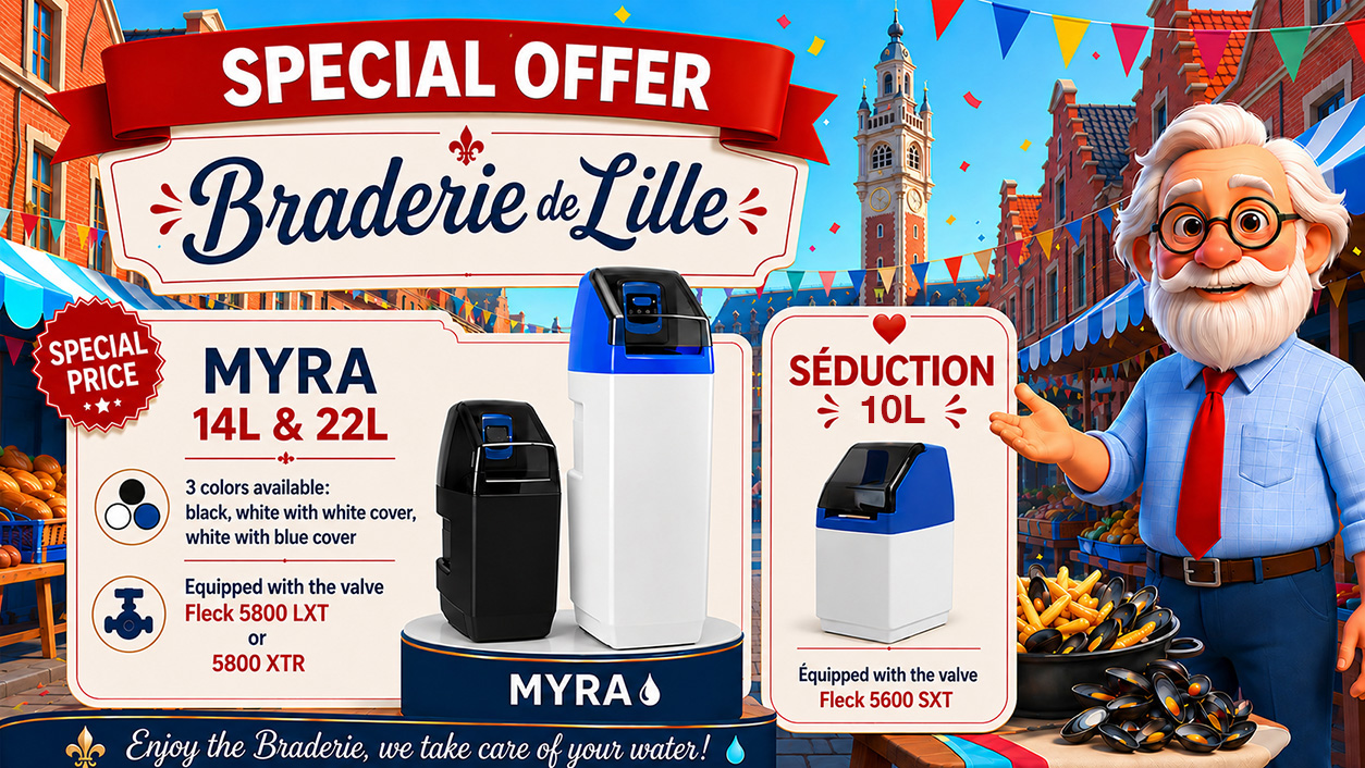 Braderie de Lille special offer: MYRA 14/22 L water softeners (Fleck 5800 LXT/XTR) and Séduction 10 L (Fleck 5600 SXT)